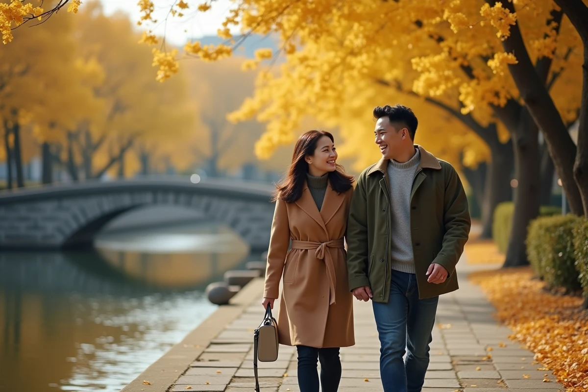 Couple souriant se promenant sous des arbres ginkgo dorés en automne, symbolisant l'harmonie amoureuse entre signes compatibles avec le Tigre de Terre 1998