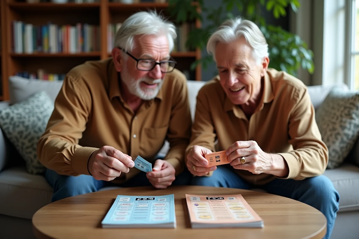 Couple de seniors comparant des tickets à gratter FDJ classiques et nouveaux dans leur salon