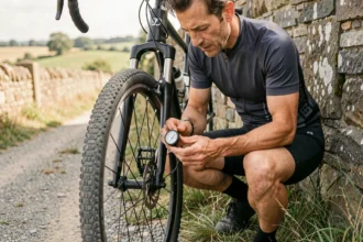 Cycliste vérifiant la pression de ses pneus avec un manomètre en bar sur un vélo de route en campagne