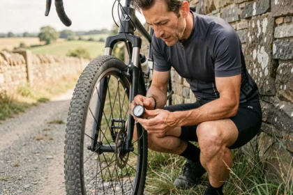 Cycliste vérifiant la pression de ses pneus avec un manomètre en bar sur un vélo de route en campagne