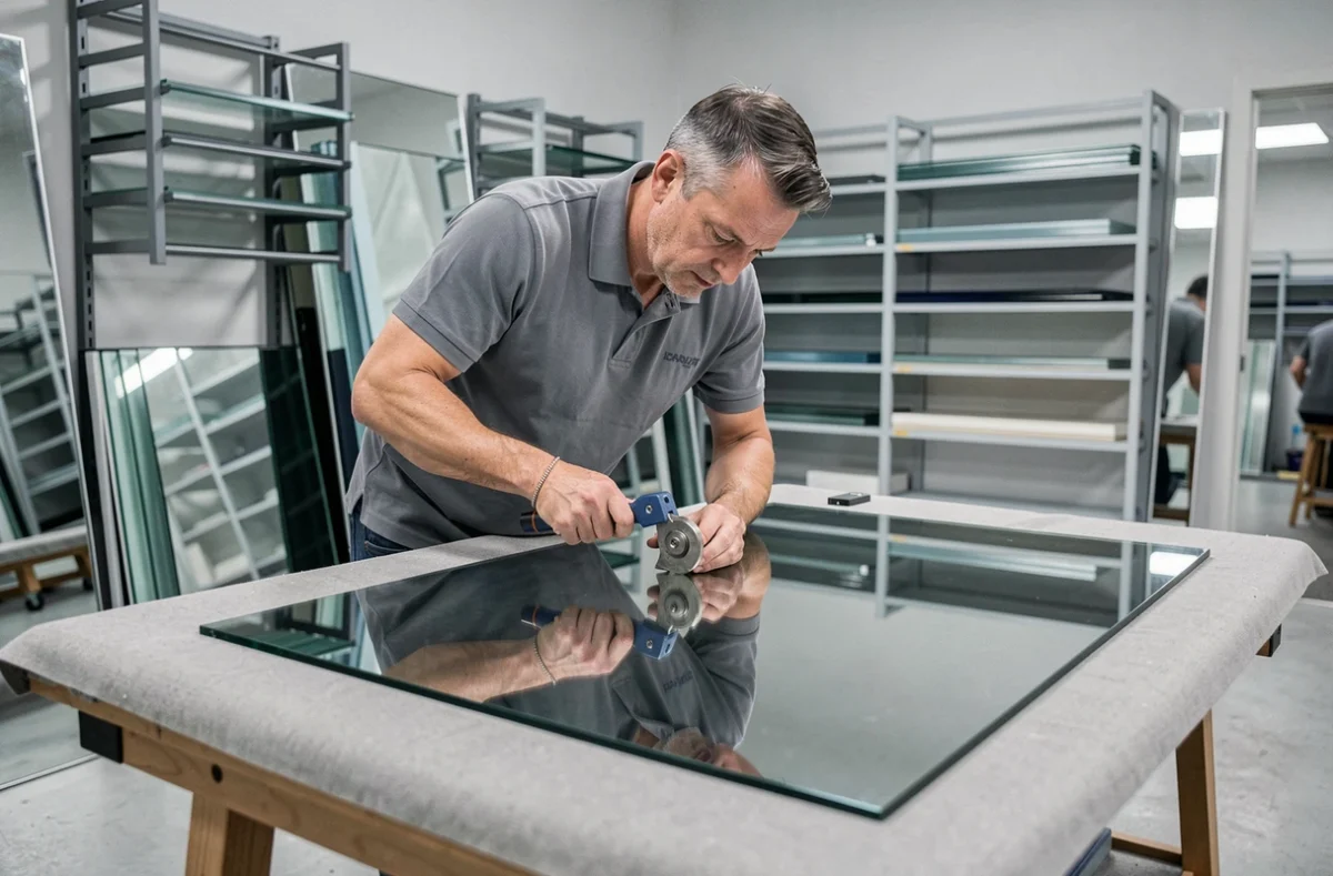 Spécialiste de CYM Miroiterie travaillant sur un grand miroir dans un atelier de miroiterie moderne