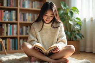 Jeune femme débutante lisant son premier manga assis sur le sol de son appartement entouré de volumes colorés