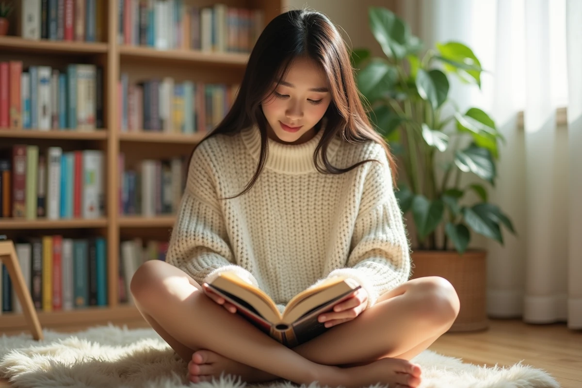Jeune femme débutante lisant son premier manga assis sur le sol de son appartement entouré de volumes colorés