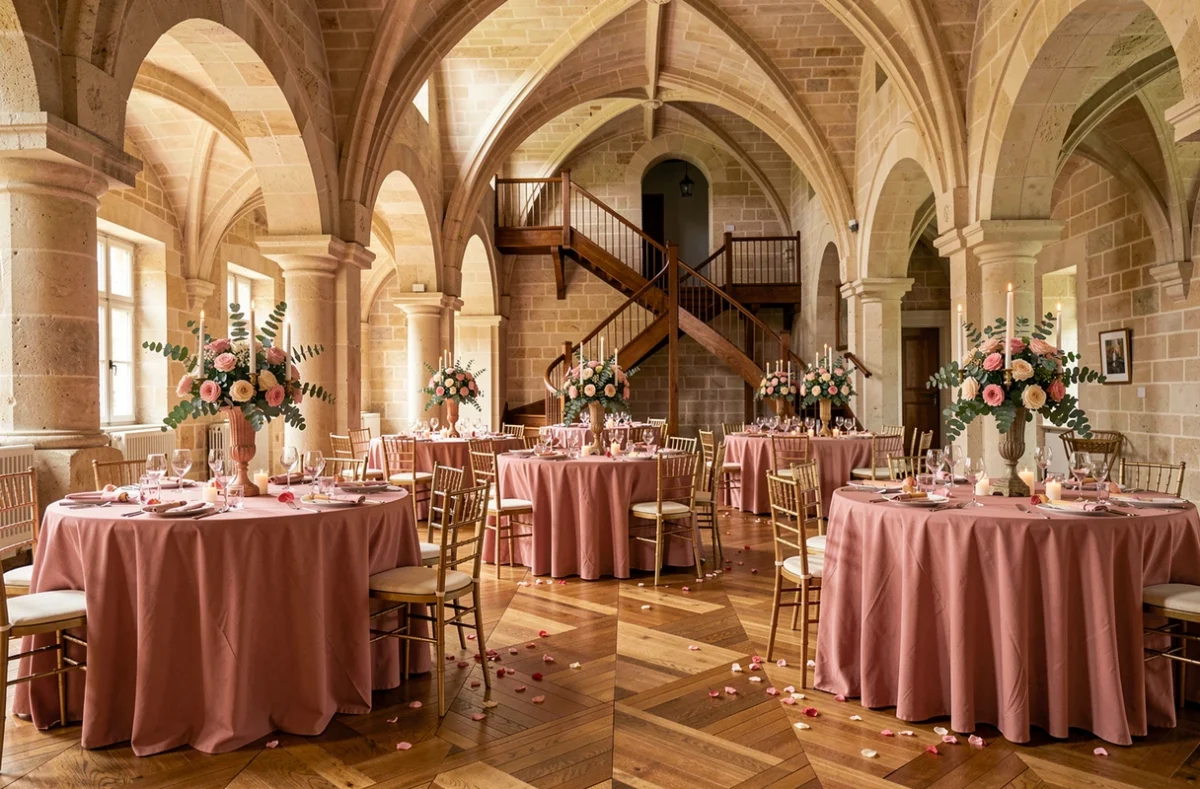 Salle de réception du Domaine d'Achelles avec voûtes en pierre, parquet Versailles et tables décorées en rose et doré