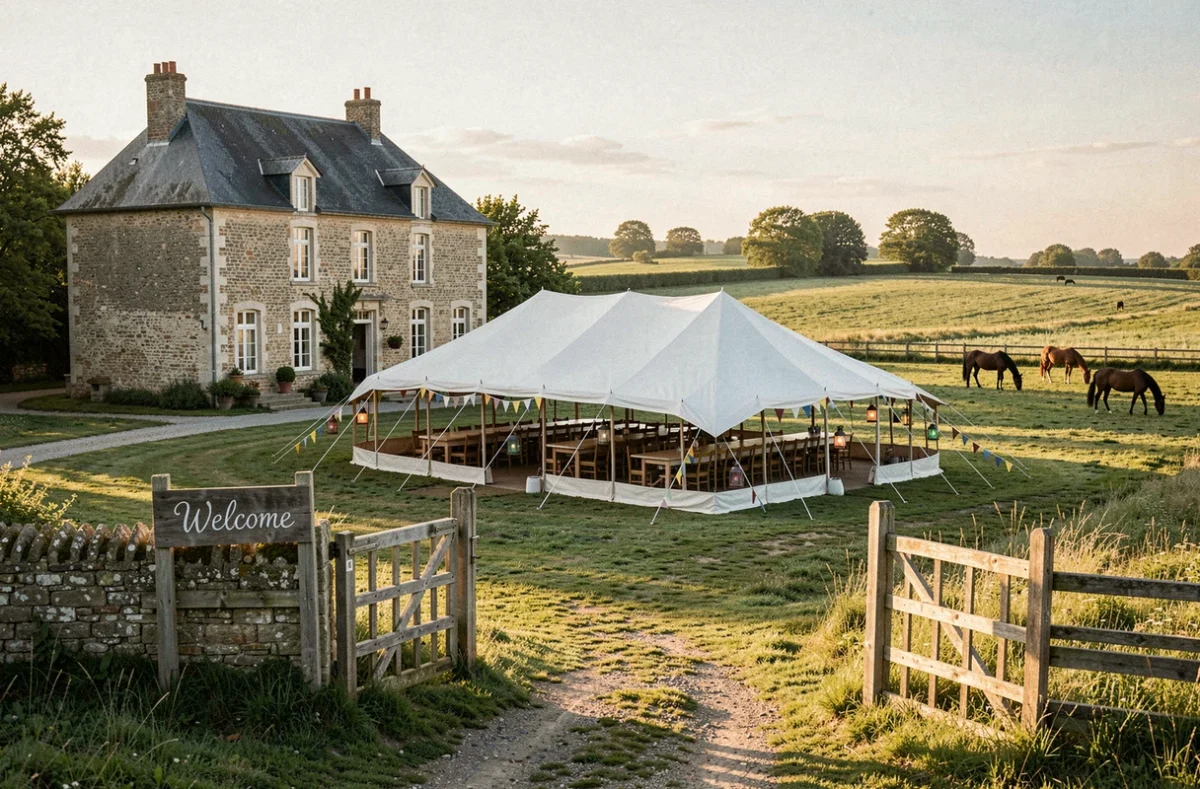 Domaine du Funquerel avec manoir en pierre, marquise blanche de réception et paysage pastoral de la campagne du Nord
