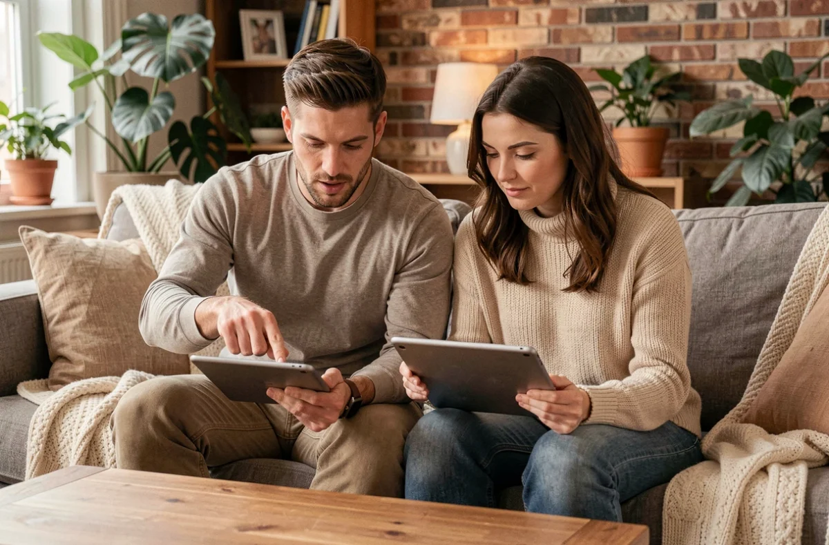 Deux adultes jouant ensemble à un jeu de tower defense sur tablette dans un salon chaleureux