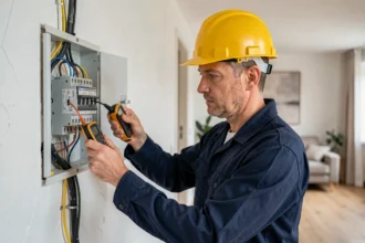 Électricien professionnel inspectant un tableau électrique dans un appartement moderne à Strasbourg