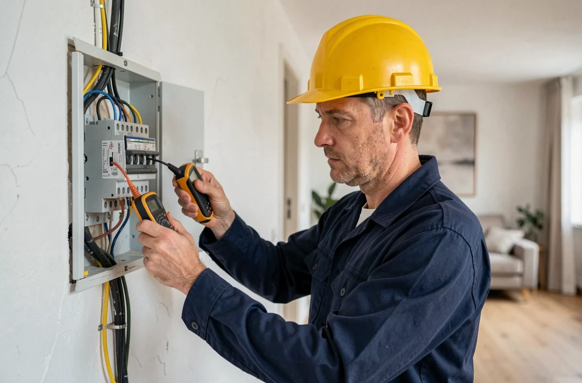 Électricien professionnel inspectant un tableau électrique dans un appartement moderne à Strasbourg