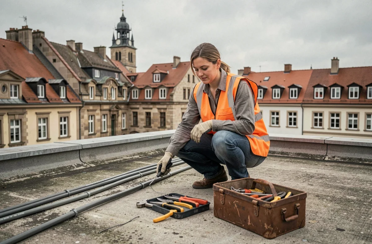 Électricienne installant des conduits électriques sur un toit de bâtiment commercial à Strasbourg avec skyline alsacienne en arrière-plan
