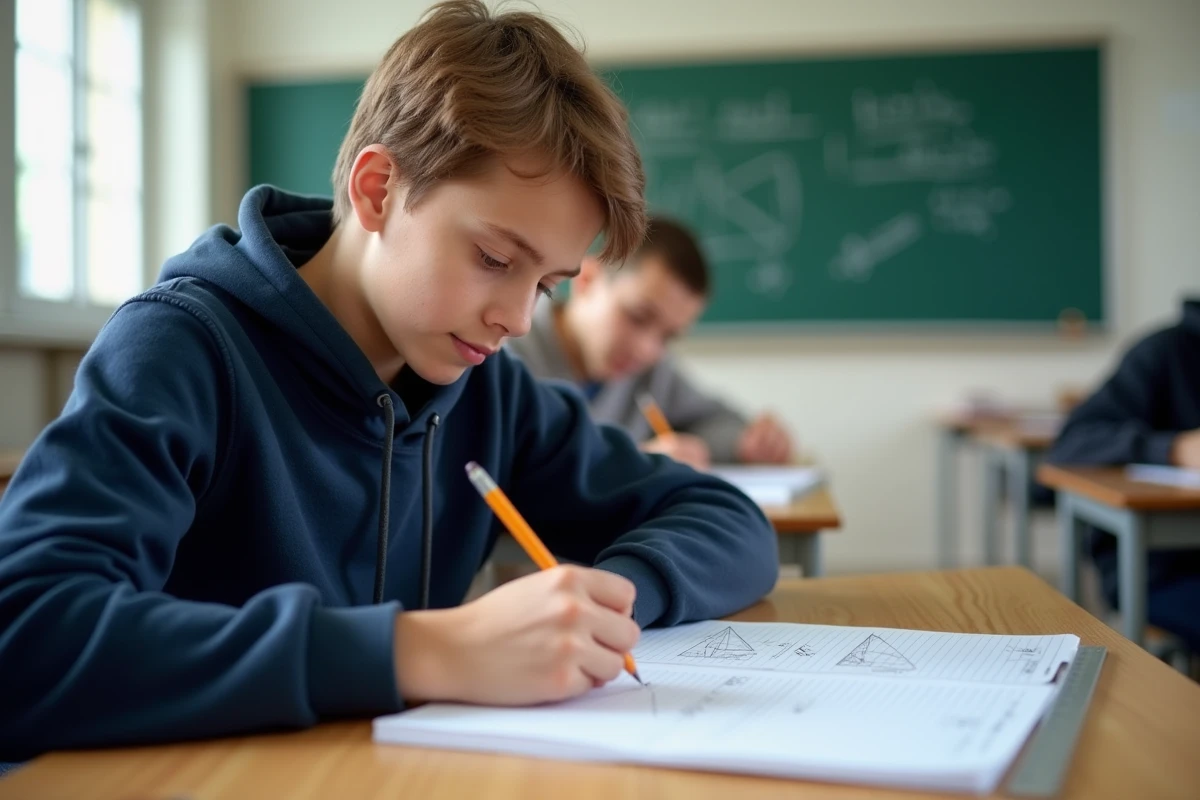 Élève de collège dessinant un prisme triangulaire sur du papier quadrillé pour réviser le volume au Brevet de mathématiques