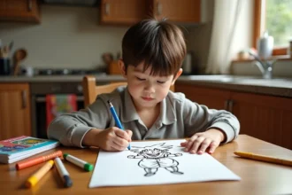 Enfant coloriant une page Dragon Ball imprimée gratuitement à table avec des feutres colorés