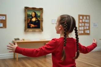 Fillette mesurant avec ses bras la taille d'une reproduction de la Joconde accrochée au mur d'une salle de classe artistique
