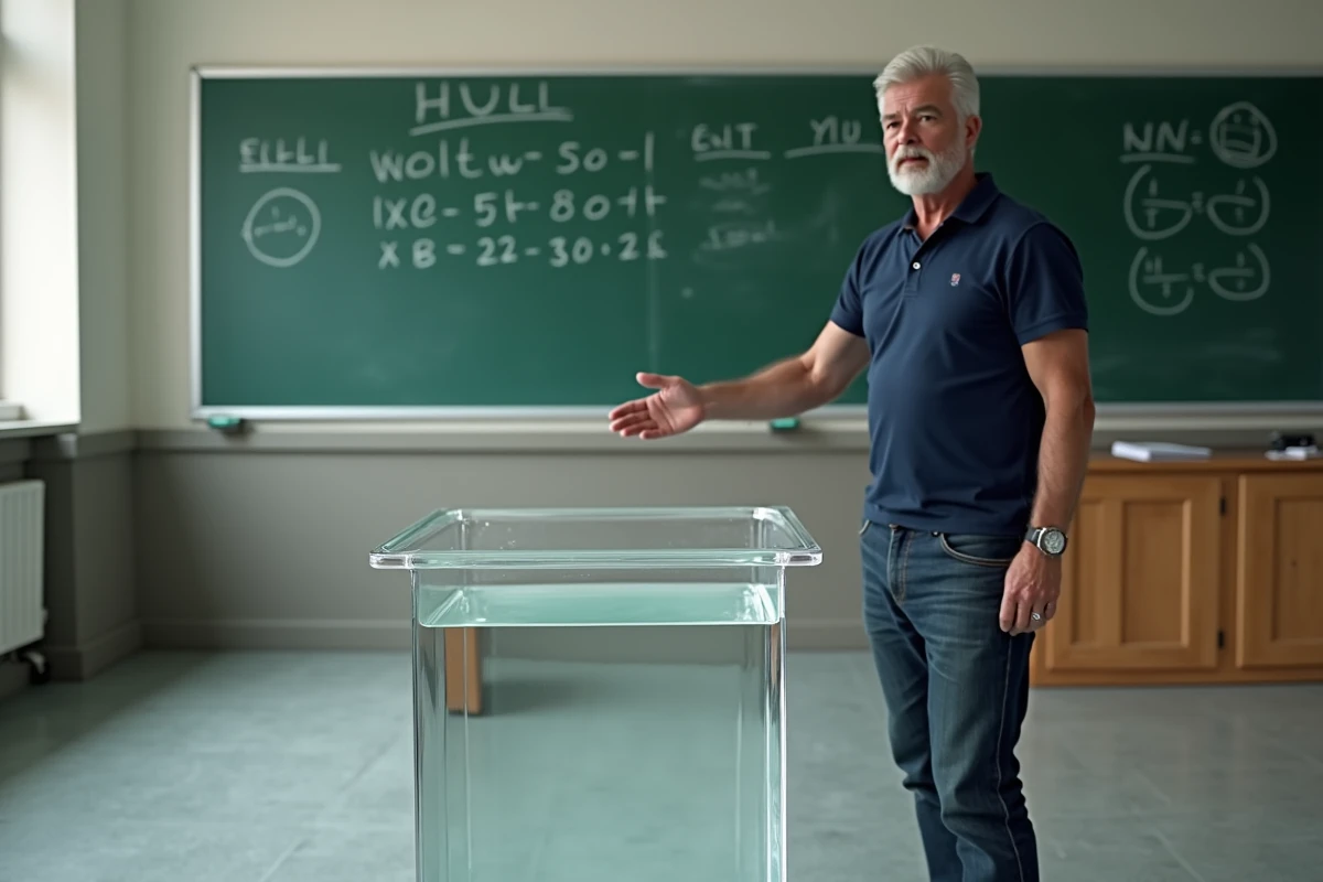Enseignant expliquant la conversion de 1 mètre cube en litres devant un cube transparent rempli d'eau dans une salle de classe