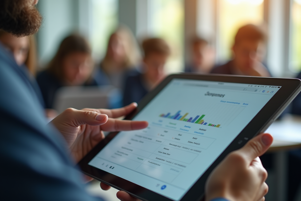 Professeur utilisant une tablette pour naviguer sur une plateforme éducative dans une école française