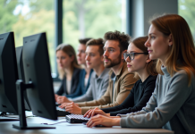 Groupe d'enseignants et étudiants autour d'un ordinateur dans une salle moderne à Amiens