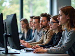 Groupe d'enseignants et étudiants autour d'un ordinateur dans une salle moderne à Amiens