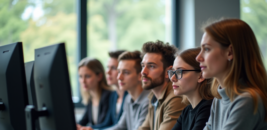 PIA à Amiens : services numériques pour enseignants et élèves réunis sur un portail clair Groupe d'enseignants et étudiants autour d'un ordinateur dans une salle moderne à Amiens