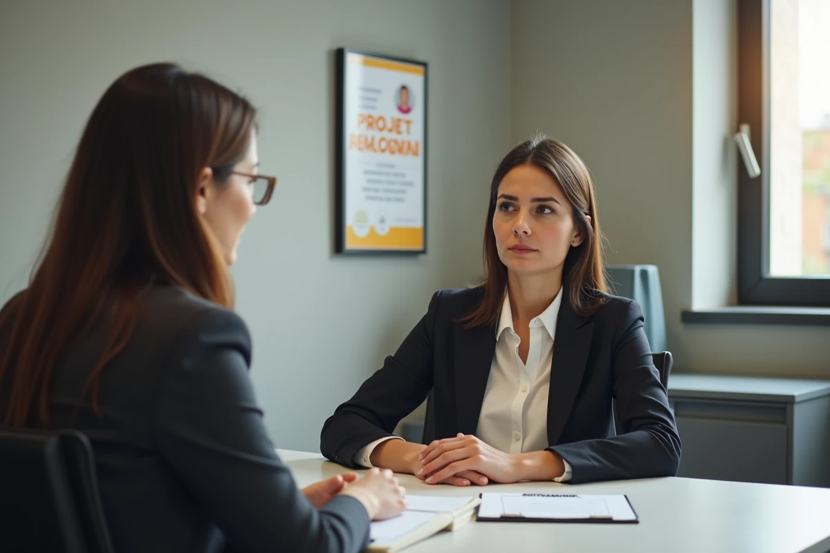 Femme en entretien avec un conseiller France Travail pour discuter d'un projet de formation et de désinscription