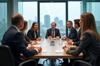 Groupe de salariés français en réunion de travail