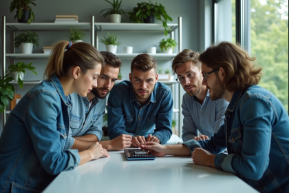 Groupe d'ingénieurs autour d'une batterie futuriste dans un laboratoire