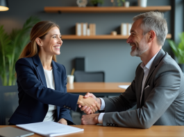 Deux professionnels d'affaires se serrant la main dans un bureau moderne