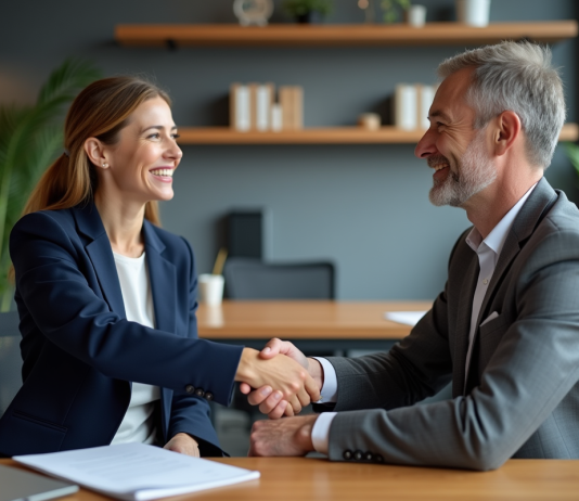 Deux professionnels d'affaires se serrant la main dans un bureau moderne