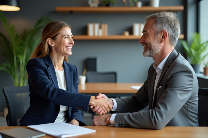 equipe-seance-accord-entreprise Deux professionnels d'affaires se serrant la main dans un bureau moderne