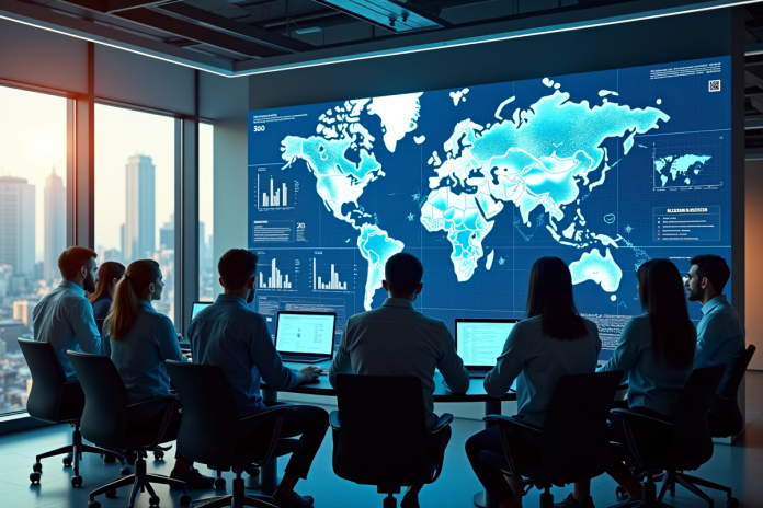 Groupe de professionnels tech collaborant dans un bureau moderne