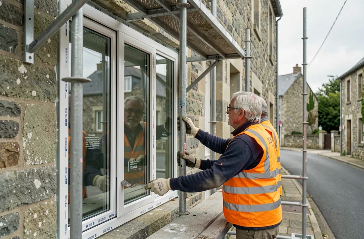 Deux ouvriers des Établissements Pouteau installant un double vitrage sur une façade en pierre bretonne