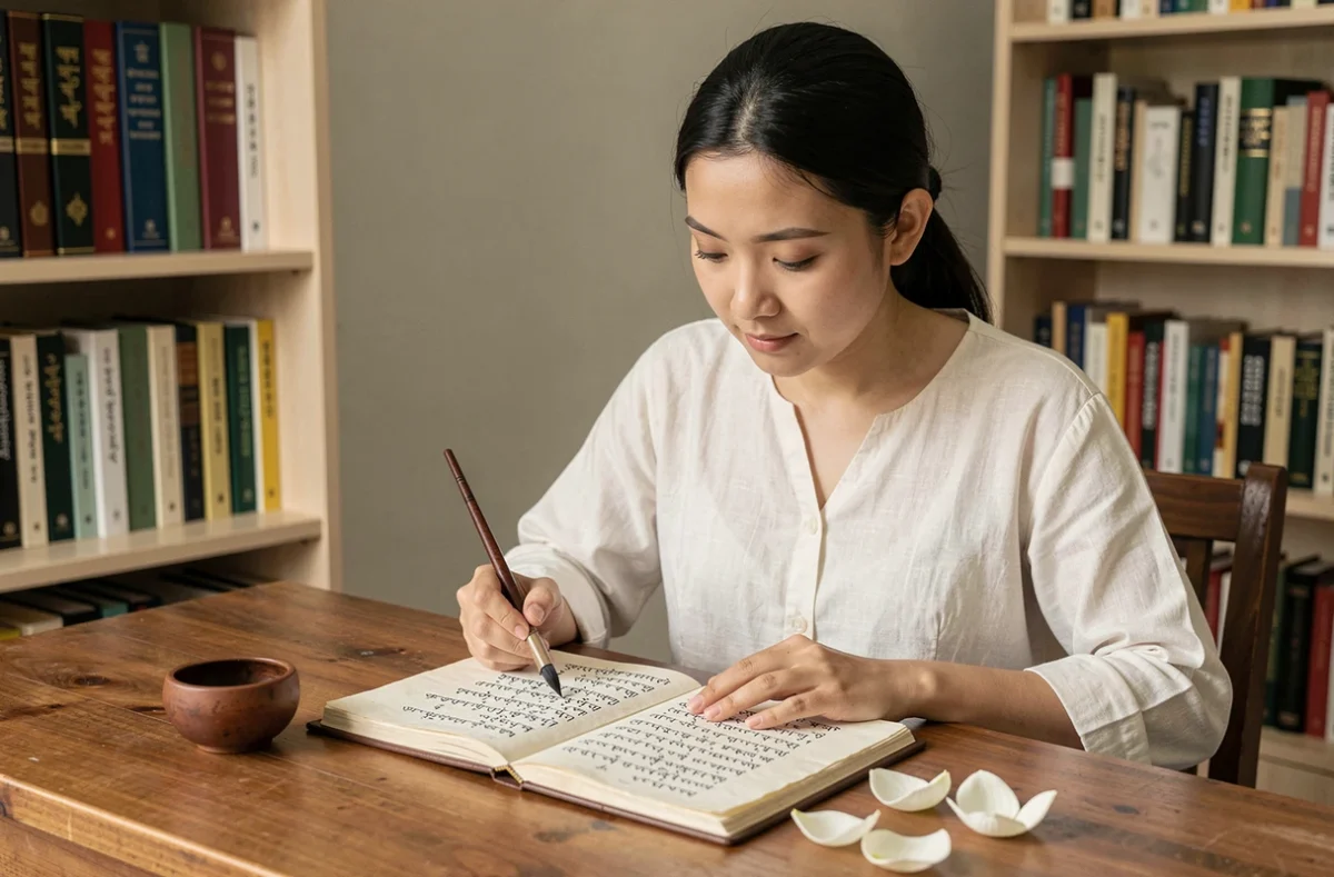 Femme étudiant la traduction et la calligraphie tibétaine du mantra Om Mani Padme Hum dans un carnet