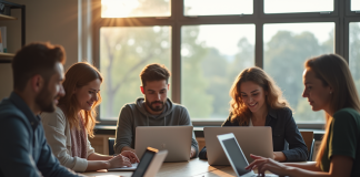 Groupe d'étudiants divers en étude dans une salle lumineuse