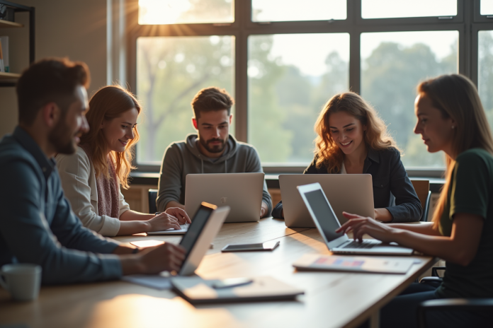 Groupe d'étudiants divers en étude dans une salle lumineuse