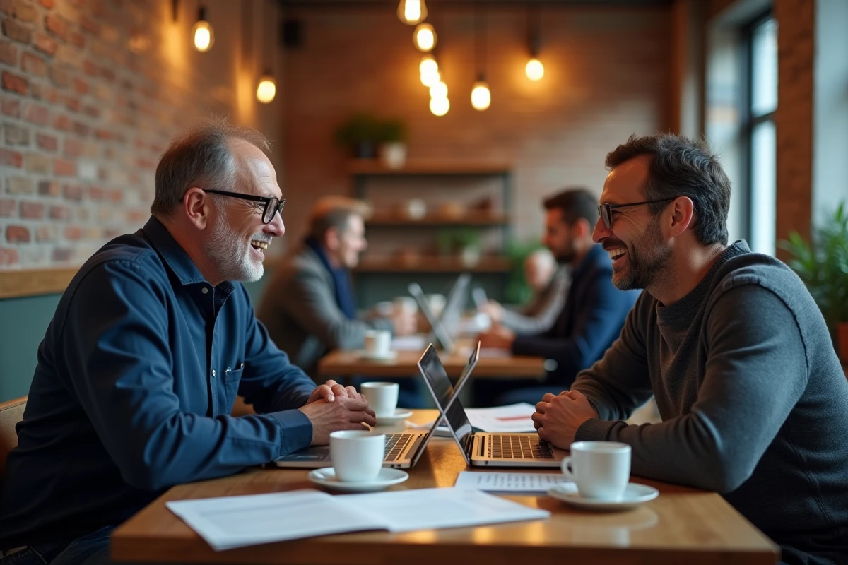 Deux hommes discutant de l'évolution des blogs médias HD et des plateformes alternatives dans un café urbain