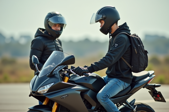 Jeune homme passant son permis moto en plein jour