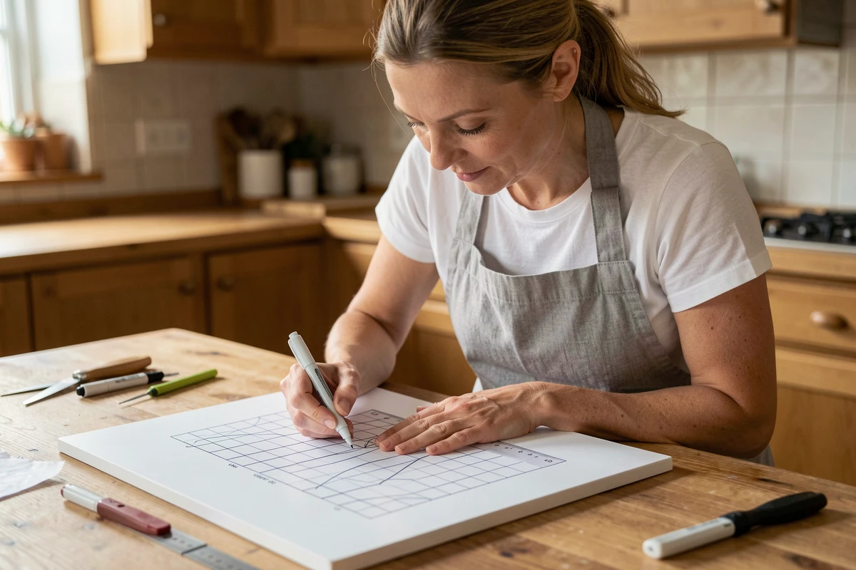 Femme fabriquant un tableau de score Yam réutilisable en traçant une grille sur un tableau effaçable dans une cuisine en bois