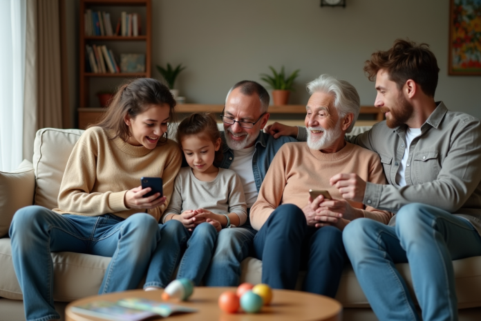 Famille multigenerationale diverse dans un salon chaleureux