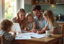 Famille heureuse à la cuisine avec documents et ordinateur