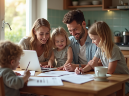 Famille heureuse à la cuisine avec documents et ordinateur