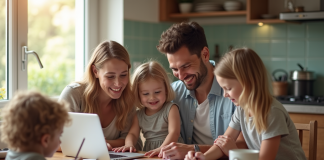Famille heureuse à la cuisine avec documents et ordinateur