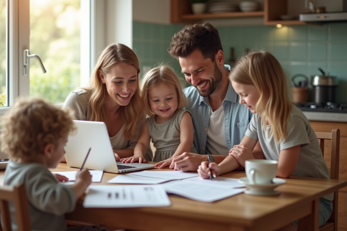 Famille heureuse à la cuisine avec documents et ordinateur