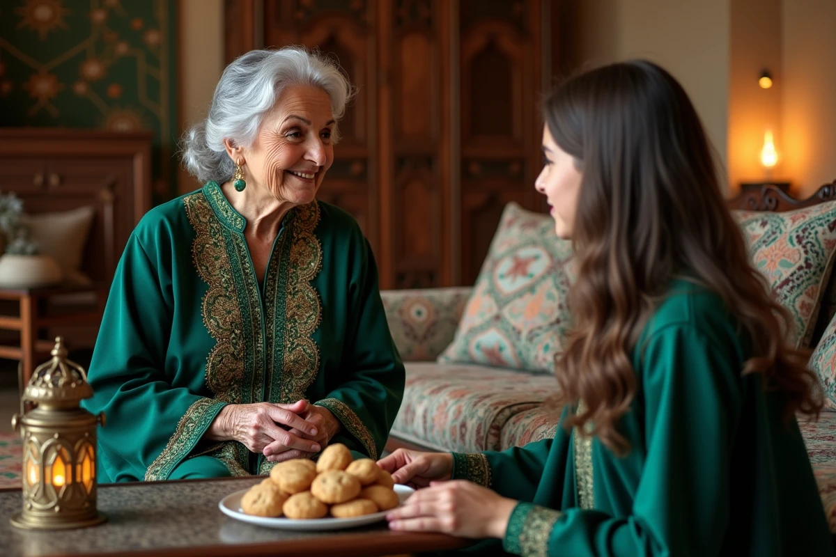 Grand-mère partageant des vœux de bon Ramadan avec sa petite-fille dans un salon traditionnel décoré