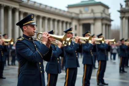 Fanfare militaire en uniformes d'apparat jouant sur une place publique devant un bâtiment classique