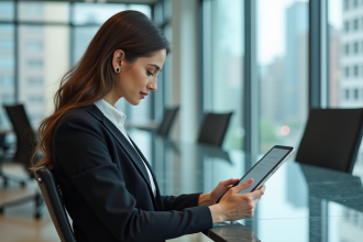 Femme d'affaires moderne travaillant sur une tablette dans un bureau contemporain