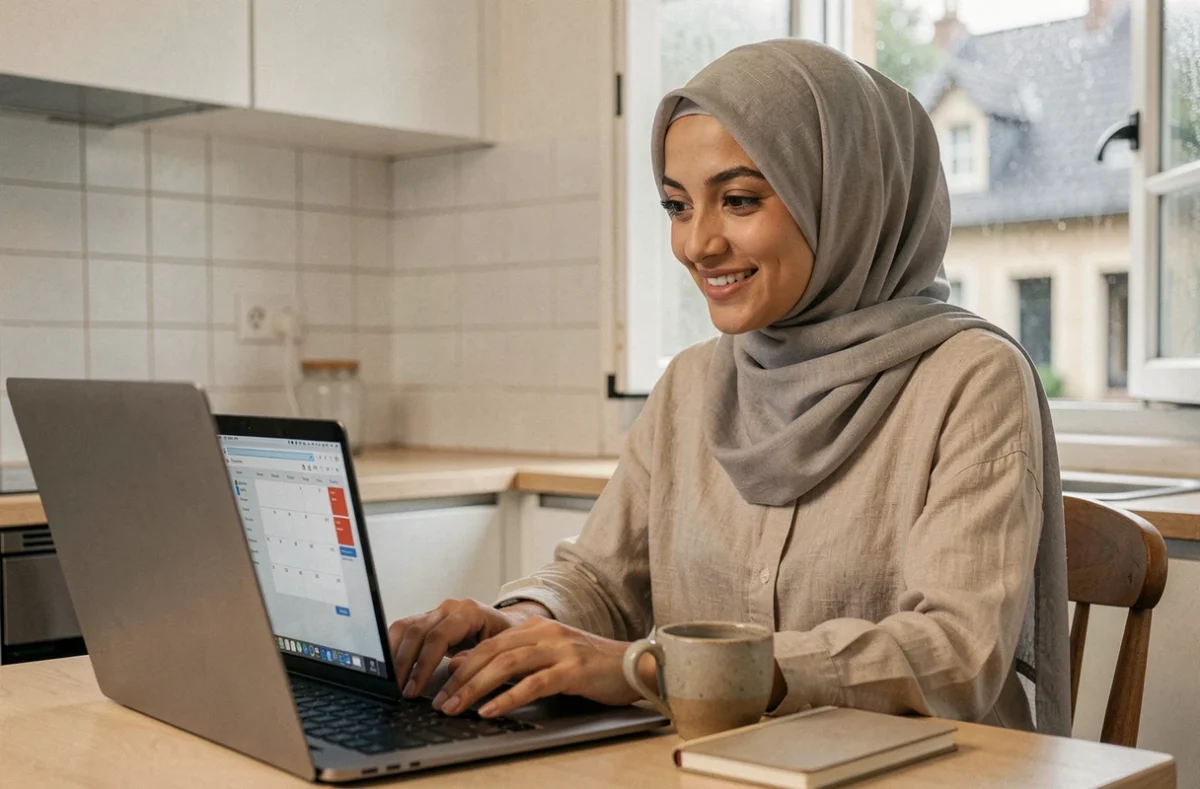 Femme en hijab synchronisant les horaires de prière islamiques sur un agenda numérique depuis sa cuisine à Tourcoing