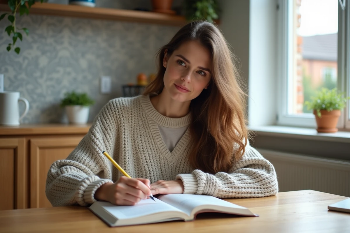 Jeune femme étudie la grammaire française à la maison