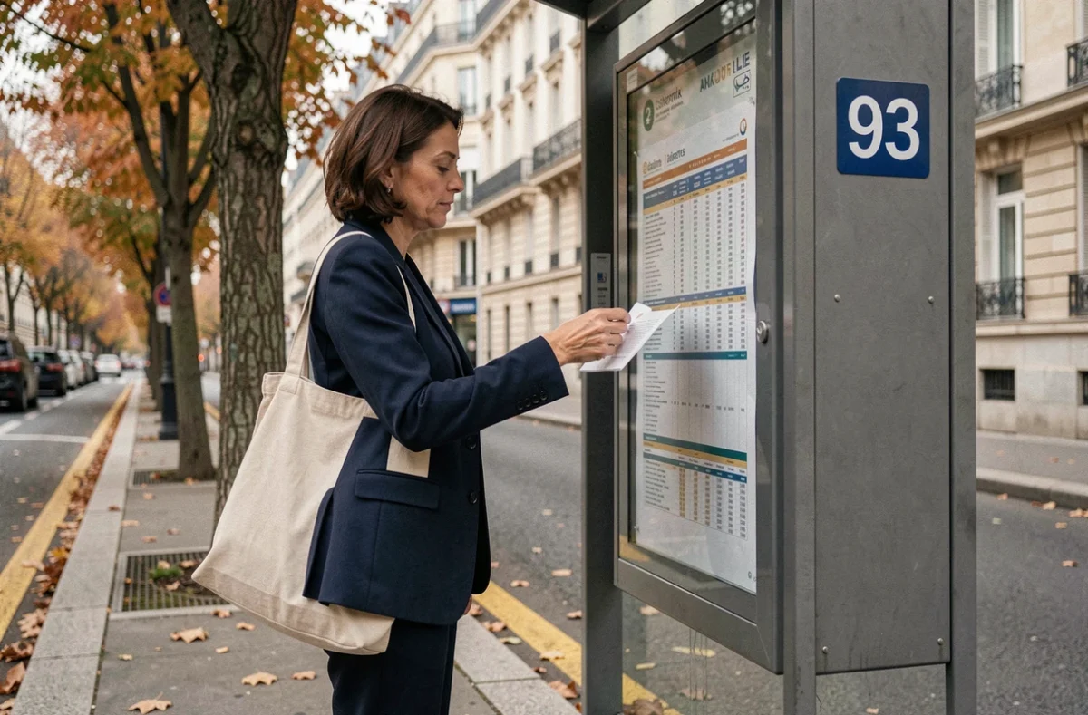 Femme consultant l'horaire du bus 92 à un arrêt de bus en banlieue parisienne lors d'un trajet domicile-travail