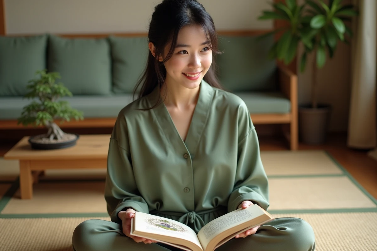 Jeune femme consultant un livre d'astrologie chinoise sur le signe du Tigre de Terre et ses compatibilités en amour
