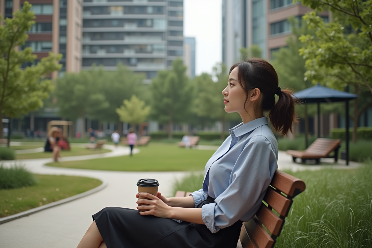 Jeune femme assise sur un banc dans un parc urbain