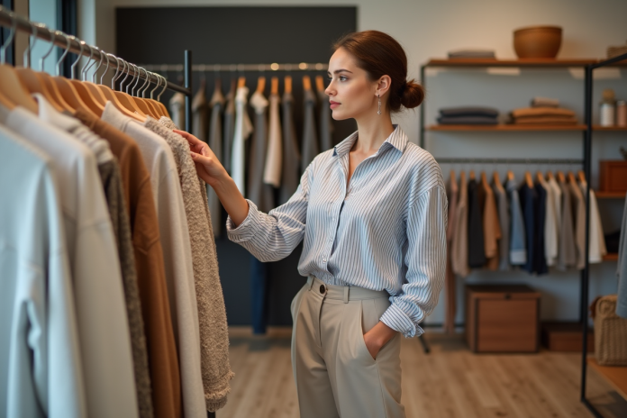femme-boutique-mode Femme élégante dans une boutique moderne examinant des vêtements