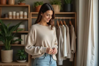 Femme inspectant un vêtement en boutique écologique